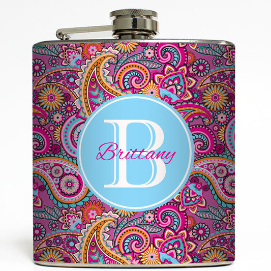 Personalized Pink Paisley -  Monogram Flask