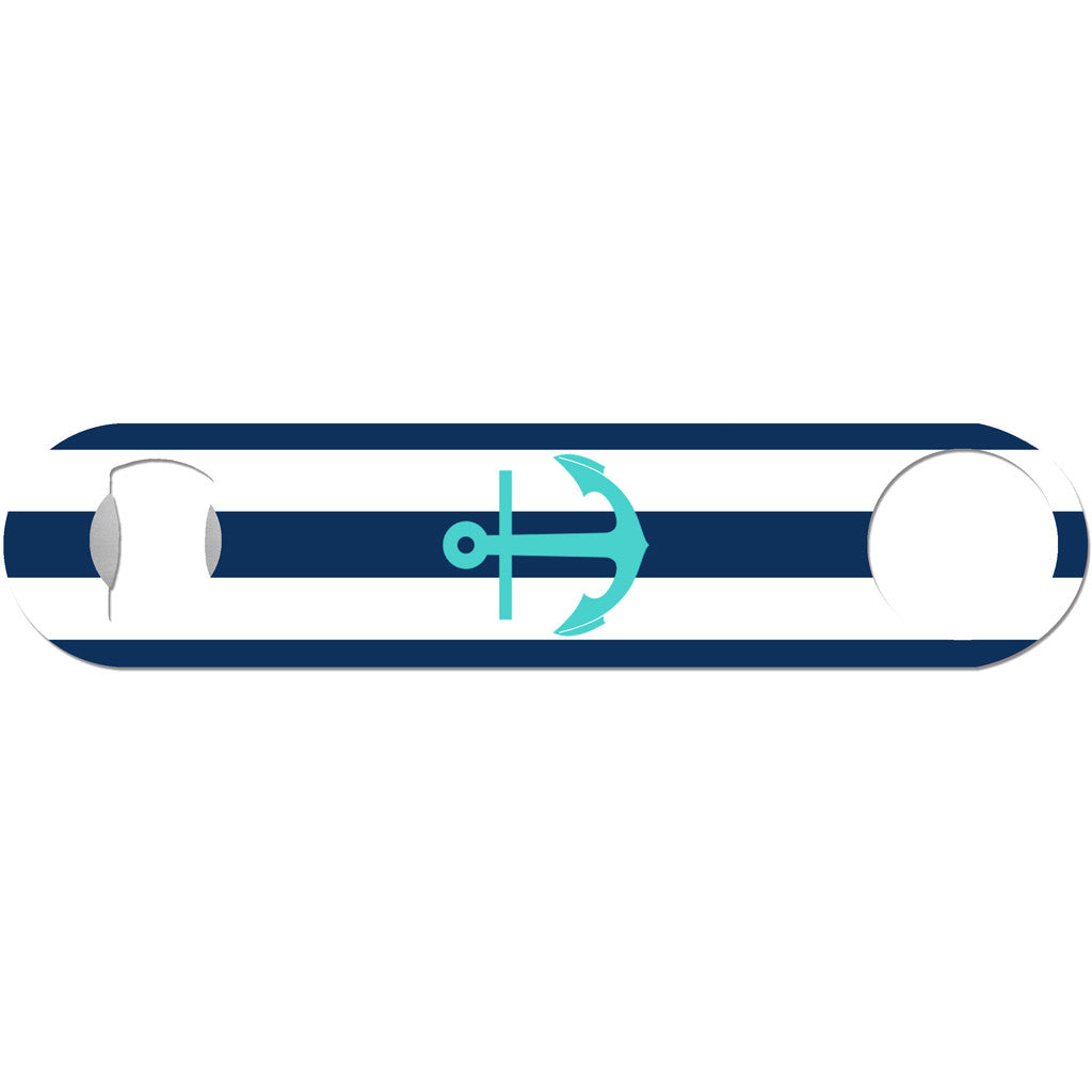 Turquoise Anchor on Navy Rugby Stripe - Nautical Bottle Opener