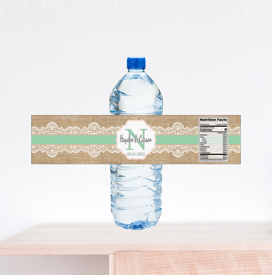 Burlap Monogram Wedding Water Bottle Label