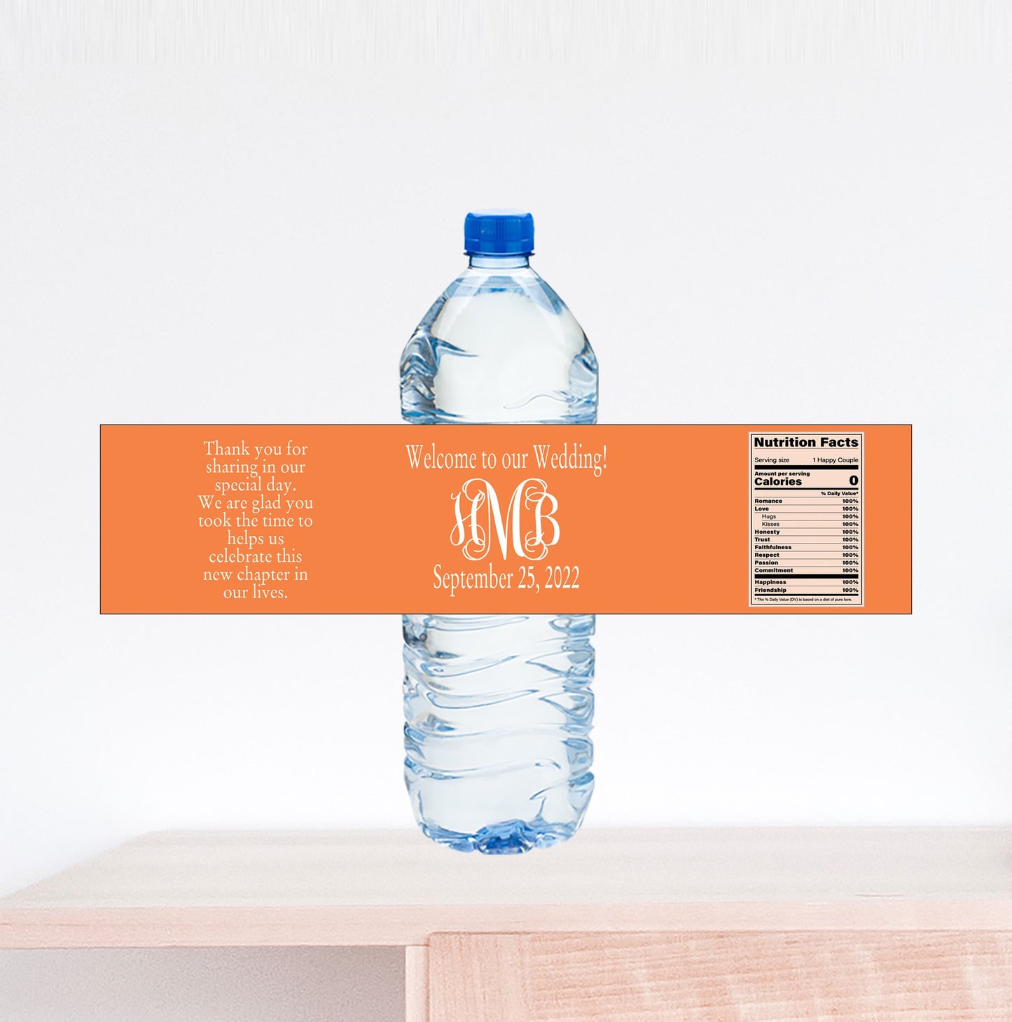 Monogram Wedding Water Bottle Label with Nurtrition Facts