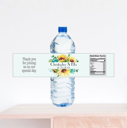 Sunflower Wedding Water Bottle Label with Nutrition Facts